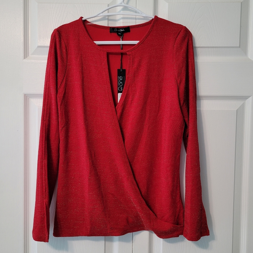 Elegant Red Shimmer Wrap Front Women's Top